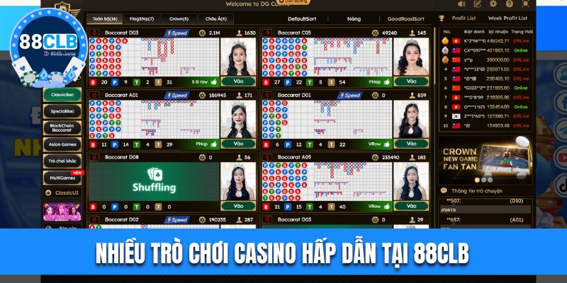 Nhiều trò chơi Casino hấp dẫn tại 88CLB